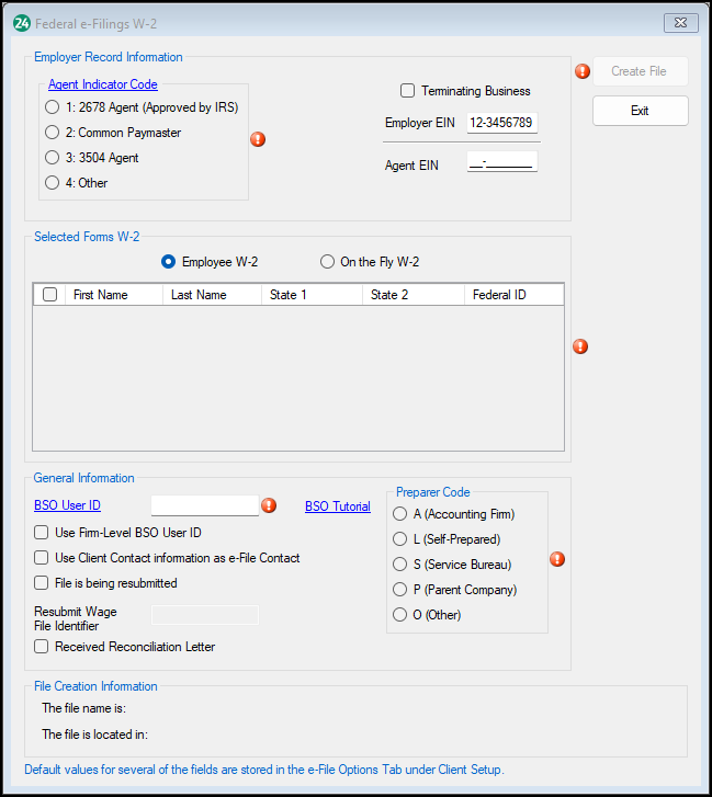 Federal e-Filings W-2 screen